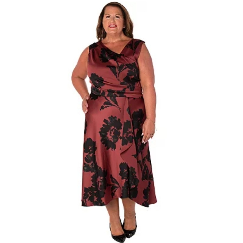 TAYLOR WOMAN Cocktail Dress  Burgundy n Black Floral Print Sz 24W 3X Midi NWT